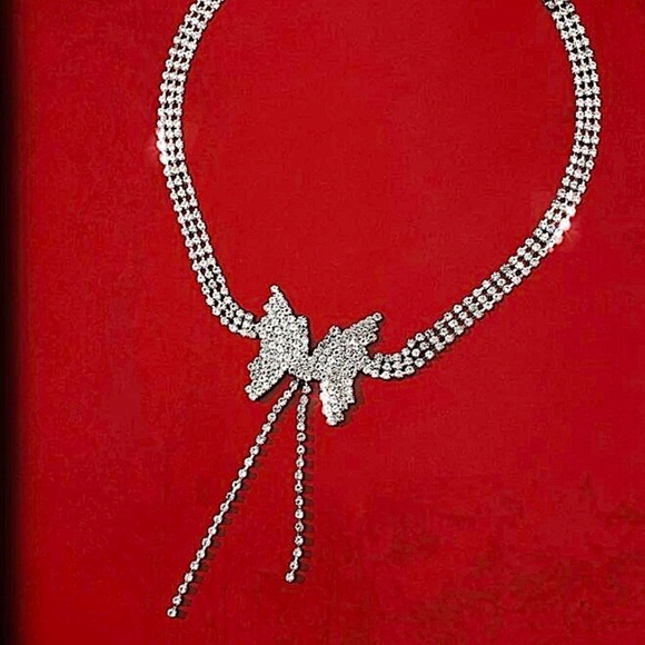 Butterfly Crystal Tassel Choker Rhinestone Necklace - Picture 7 of 10